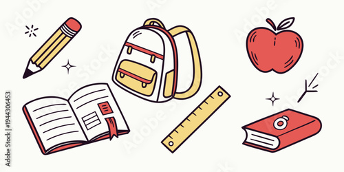 A vibrant illustration of school supplies including a backpack, books, and an apple