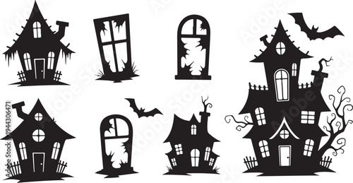 Black Silhouette of Various Spooky Houses and Windows Illustration