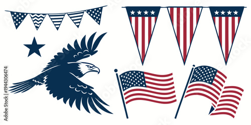 A majestic eagle soaring with stars and stripes flags and bunting in the background