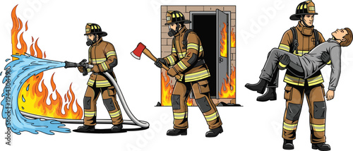 Vector Illustration Set of Firefighters in Action, Including Firefighting, Rescuing, and Extinguishing Flames