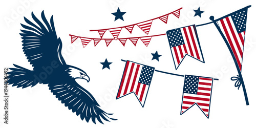 An eagle flying with flags and bunting in the background.