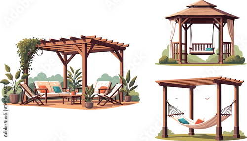 Vector Illustration Set of Wooden Gazebo, Pergola, and Hammock for Outdoor Garden and Relaxation Spaces