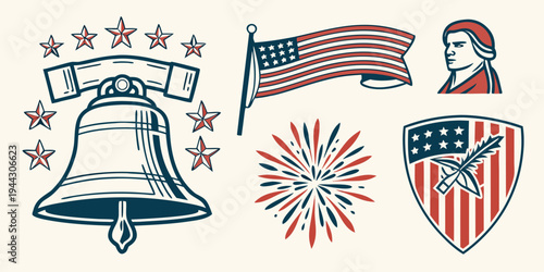 A collection of patriotic symbols including a flag, liberty bell, and fireworks