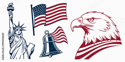 Statue of liberty, american flag, and bald eagle illustration representing the united states
