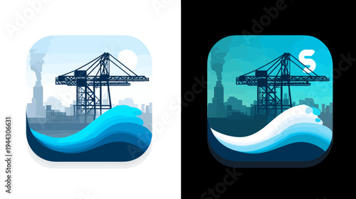 A graphical representation of a city skyline with waves and a large crane, in shades of blue