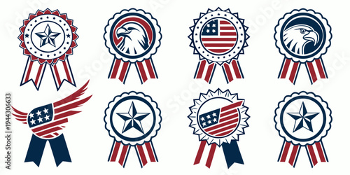 Nine identical red, white, and blue ribbon medals with a star and text displayed in a 3 by 3 grid
