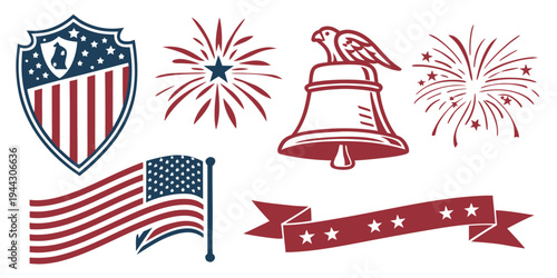 A collection of patriotic symbols including flags, fireworks, and a bell.
