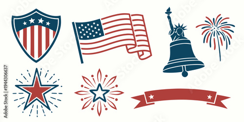 Patriotic symbols including flags, stars, and a liberty bell with fireworks