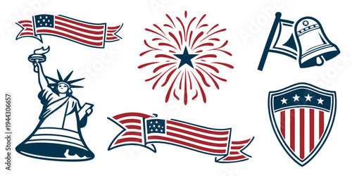 Patriotic symbols including the statue of liberty, american flag, fireworks, and shield