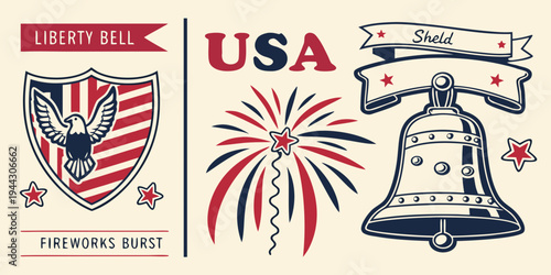 A collection of patriotic symbols including a shield, fireworks, and a bell.