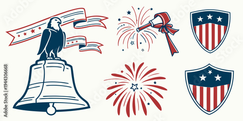 Patriotic symbols including a bald eagle, liberty bell, and american flag