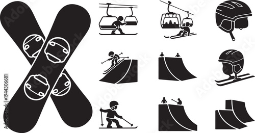 Snowboarding and skiing icons in black and white graphics