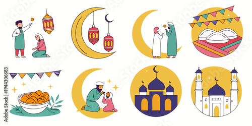 Assorted colorful cartoon food icons showcasing various dishes and ingredients