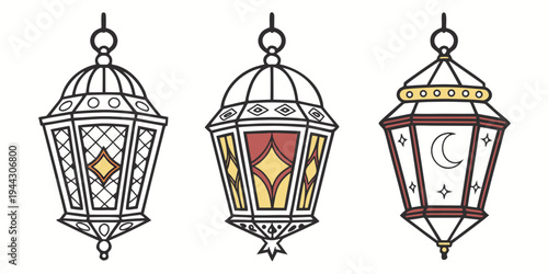 Three vintage lanterns with intricate designs and different symbols on their fronts.