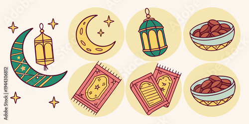 A vibrant illustration of various types of food and a crescent moon