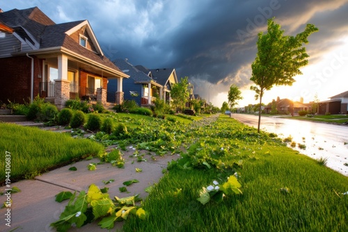Severe Hailstorm Impacts Row of Suburban Houses in Late Afternoon Light with Dramatic Skies