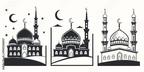 Three mosques with minarets and domes under different moon phases