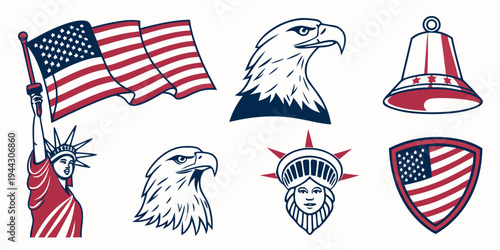 A collection of patriotic symbols including flags and emblems from various countries