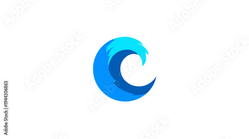 A stylized blue wave crest logo, composed of gradient shades on a white background