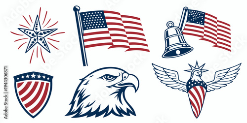 A collection of american flags and patriotic symbols including an eagle and shield