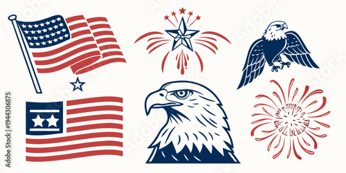 A collection of patriotic symbols including flags, fireworks, and an eagle.
