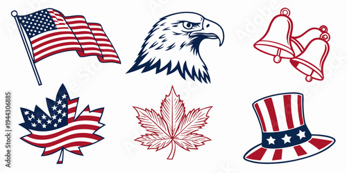 A collection of six patriotic symbols including flags and animals.
