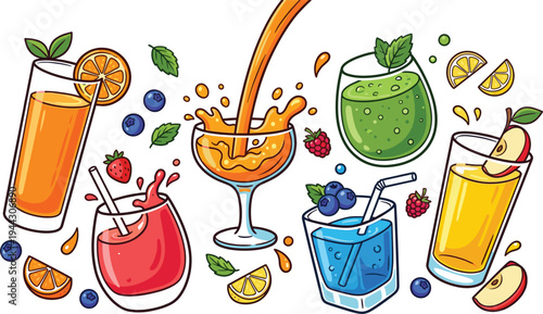 Vibrant Fresh Fruit Juice and Smoothie Illustration Set Featuring Orange, Apple, Berry, and Green Healthy Beverages with Splashes and Fruit Garnishes for Cafe Menus and Wellness Designs