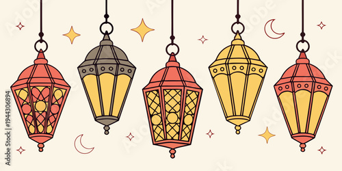 Four colorful lanterns with intricate designs hanging in a row with festive decorations