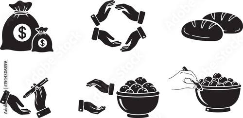 Charity and donation concept with various hand icons giving