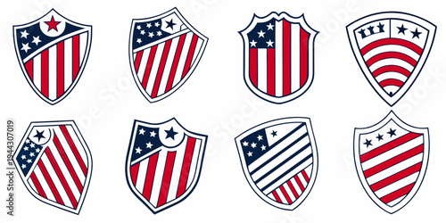 A collection of various badges and emblems featuring the united states flag