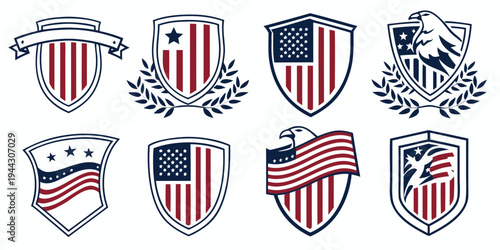 A collection of eight distinct vintage american shield badges and emblems