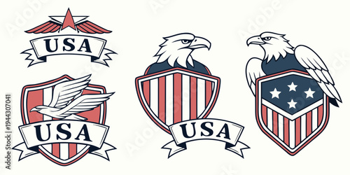 Four distinct american themed badges with stars and stripes designs