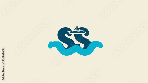 A stylized logo with a boat on waves, framed by a sea monster-like shape, all on a light background