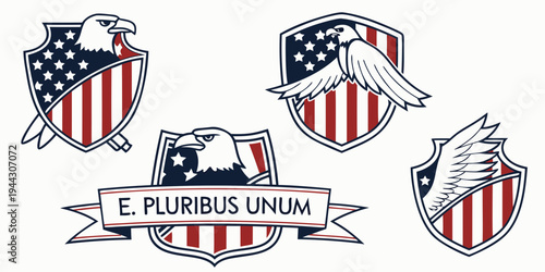 A collection of four vintage american flag themed badges and an emblem with the phrase e pluribus unum