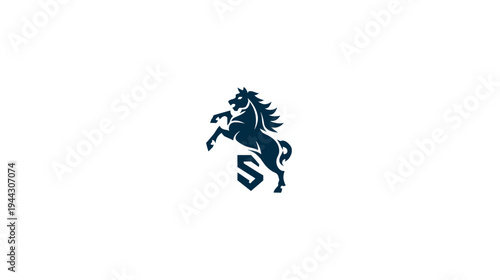 A stylized horse rearing on its hind legs, over a shield-like shape with a letter