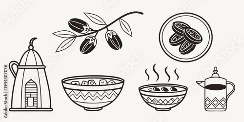 Illustration of various objects including a lantern, a bowl, a cup, and olives.