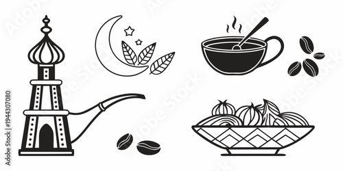 A traditional coffee pot with a cup of coffee, a bowl of fruit, and a crescent moon