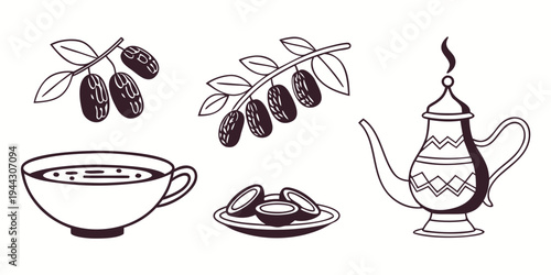 Assorted fruits and a teapot with a cup, showcasing a variety of food and drink items