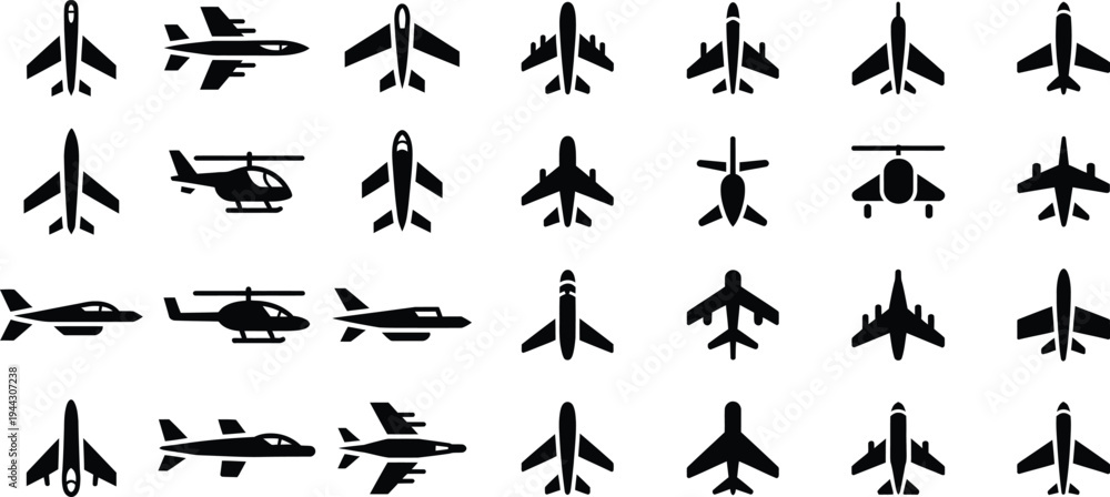 Fototapeta premium Aircraft and helicopter icons: set of air transport and aviation symbols with white background