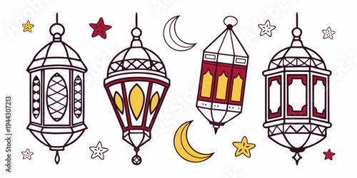 Colorful lanterns and crescent moon with stars in a festive arrangement