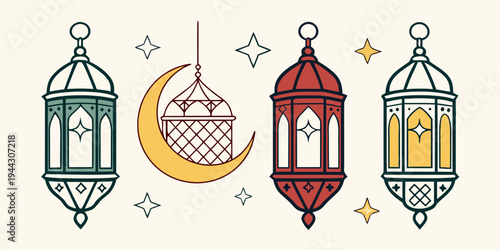 Four colorful lanterns with intricate designs and patterns hanging in a row