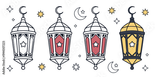 Colorful lanterns with intricate designs and crescent moon symbols hanging in a row