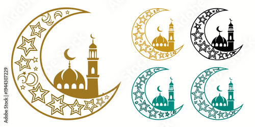Assorted islamic symbols including a mosque, star and crescent, and various calligraphy designs