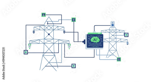 AI Powered Smart Grid Concept: IoT Monitoring of High Voltage Electricity Transmission Towers and Energy Flow.