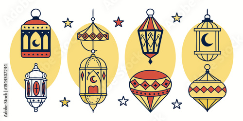 Assorted vintage lanterns and light fixtures with stars and moons in a row