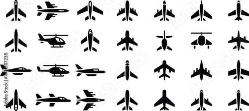Aircraft and helicopter icons: set of air transport and aviation symbols with white background