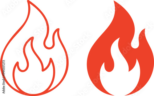 Fire flame icon set outline and solid red flame symbol vector illustration