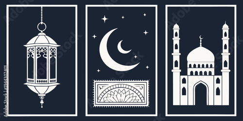 Three distinct islamic symbols including a mosque, a crescent moon, and a lantern