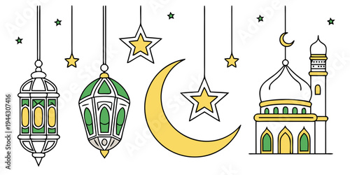 Colorful lanterns and crescent moon with star and mosque illustration