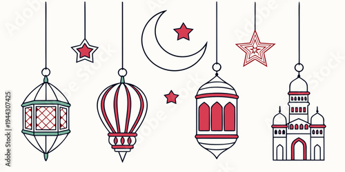 A collection of hanging lanterns, stars, a crescent moon, and a hot air balloon